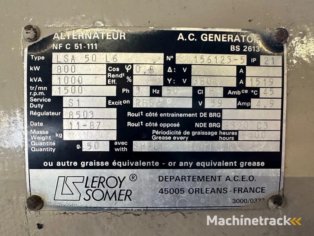 Leroy Somer LSA 50 L6 Generatordeel 1000 kVA Alternator ex Emergency As New !