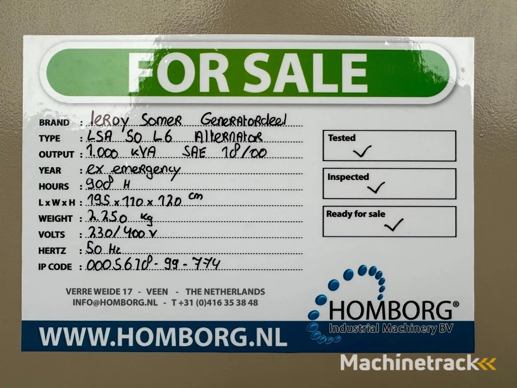 Leroy Somer LSA 50 L6 Generatordeel 1000 kVA Alternator ex Emergency As New !