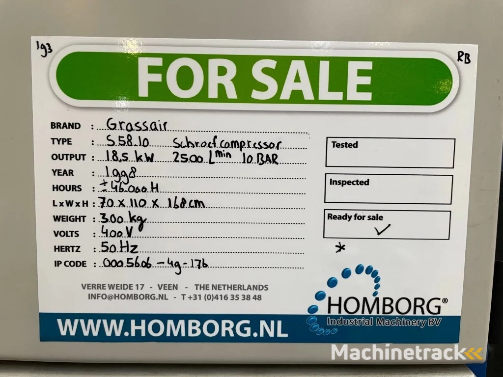 Grassair S58.10 Elektrische Schroefcompressor 18.5 kW 2500 L / min 10 Bar