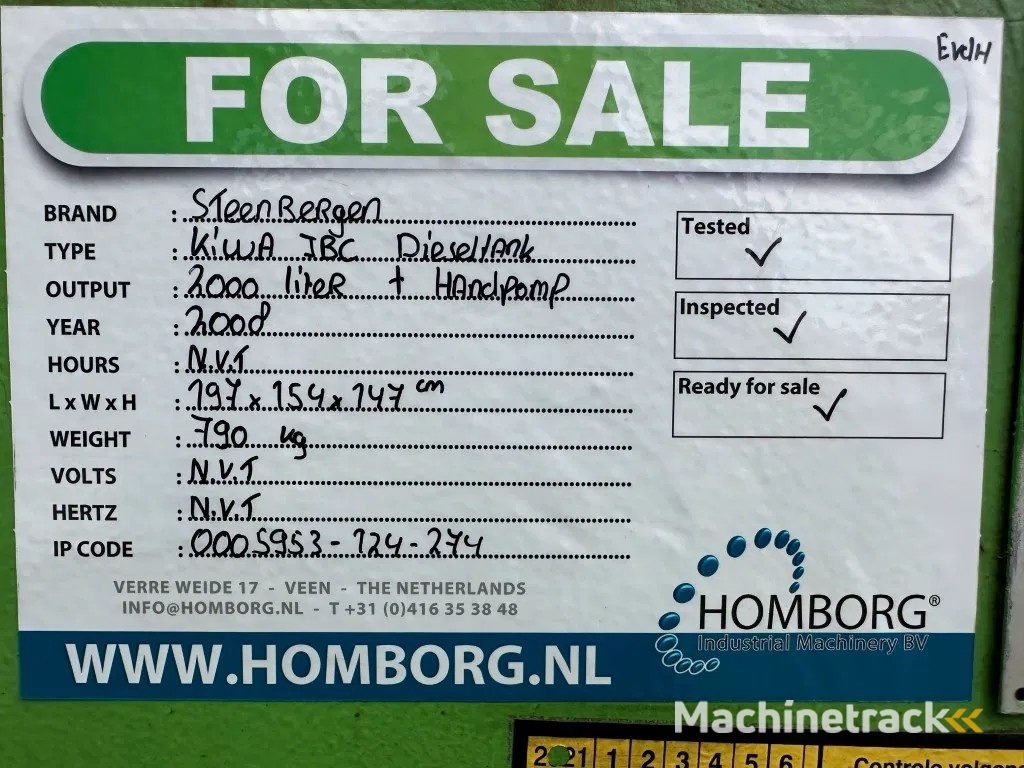 Kiwa IBC Steenbergen 2000 liter IBC Dieseltank met handpomp Milieutank