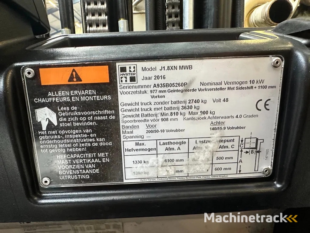 Hyster J1.8XN MWB 1.8 ton Triplex Freelift Sideshift Positioner Elektra Heftruck Accu 2023