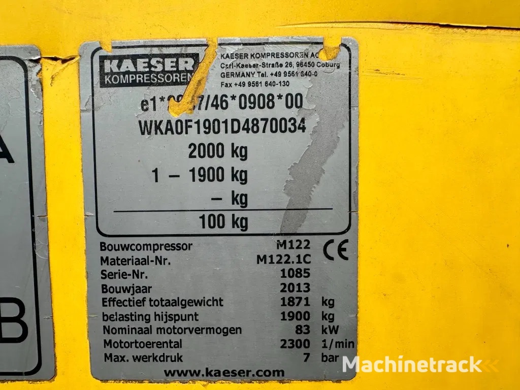 Kaeser M122 Deutz 11.1 m3 / min 7 Bar 83 kW Mobiele Diesel Compressor