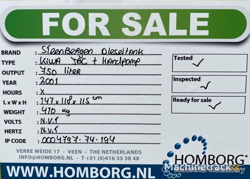 Kiwa IBC Steenbergen 750 liter Dieseltank met handpomp