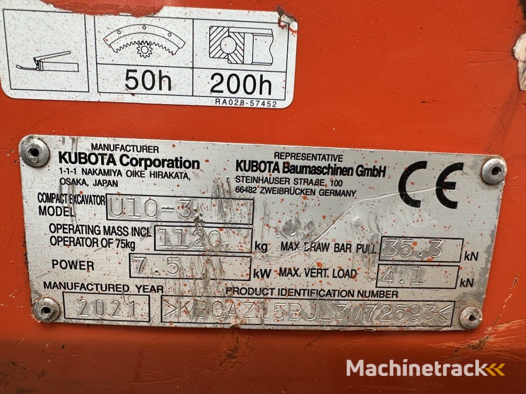 Kubota U10-3 Minigraver Diesel Graafmachine 2021 ! 690 uur ! As New !