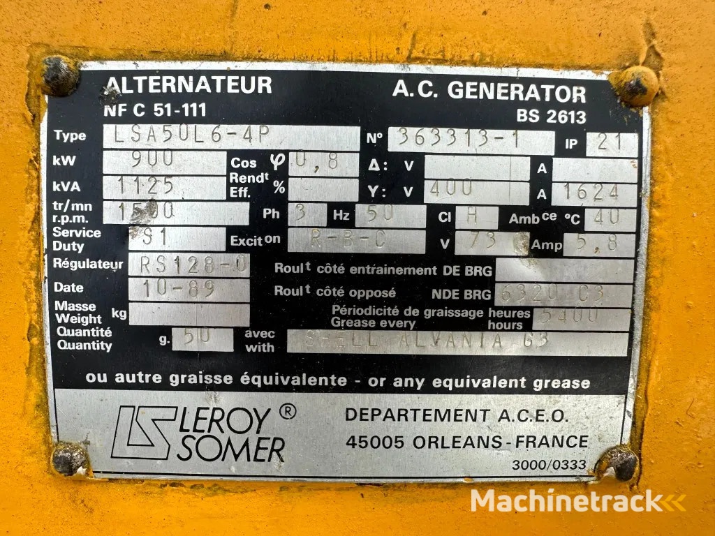 Leroy Somer LSA50L6 - 4P 1125 kVA generatordeel Alternator as New !