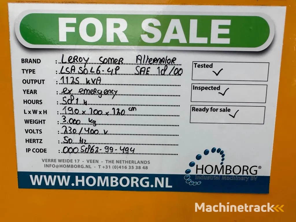 Leroy Somer LSA50L6 - 4P 1125 kVA generatordeel Alternator as New !