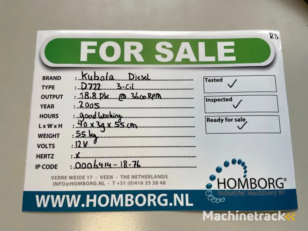 Kubota D722 dieselmotor 3 cilinder 18 PK (4stuks!)