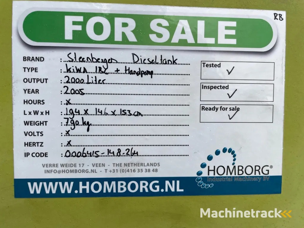 Kiwa IBC Steenbergen 2000 liter Dieseltank met Handpomp Milieutank