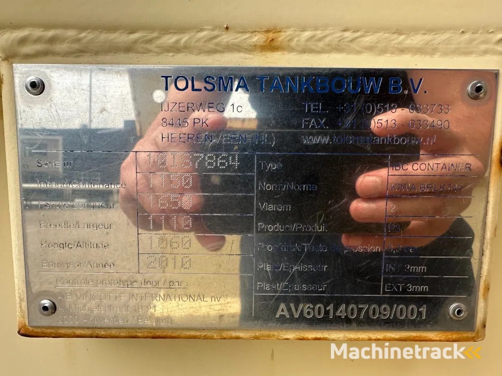 Tolsma Kiwa IBC 1150 liter Dieseltank Milieutank