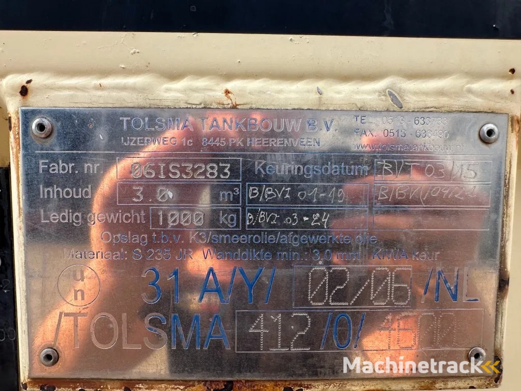 Tolsma Kiwa IBC 3000 liter Dieseltank Milieutank