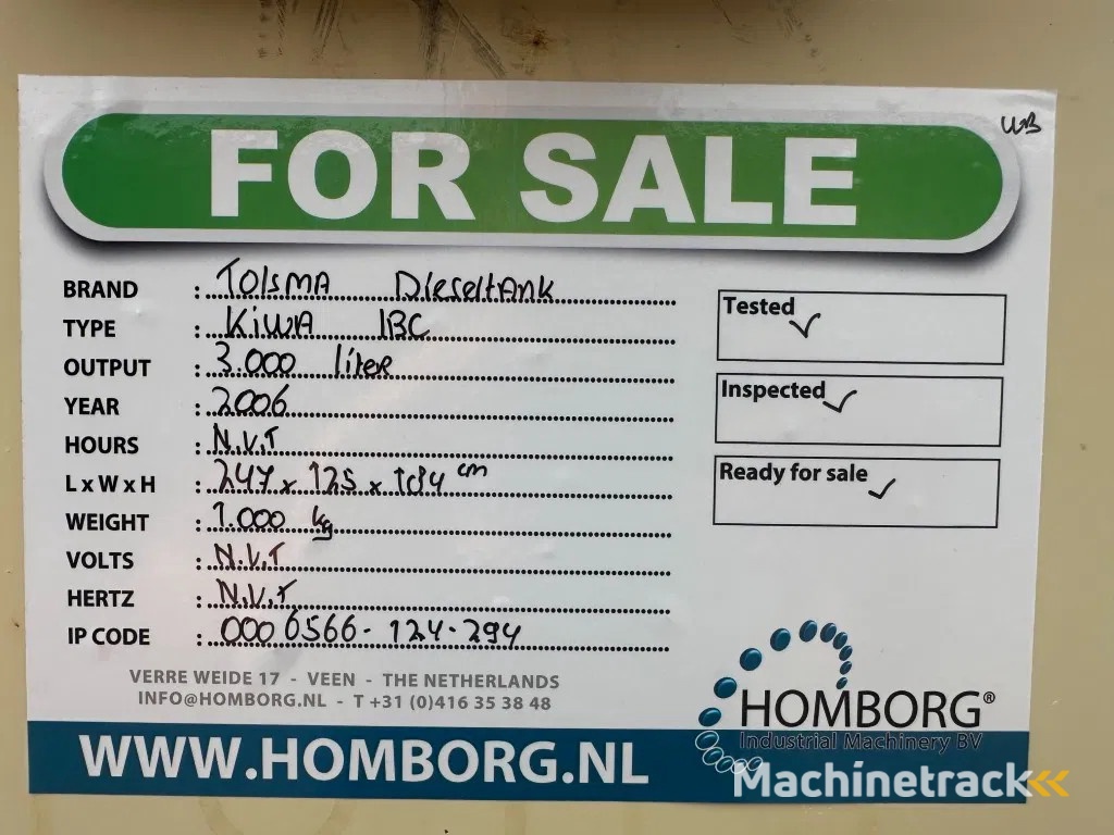 Tolsma Kiwa IBC 3000 liter Dieseltank Milieutank