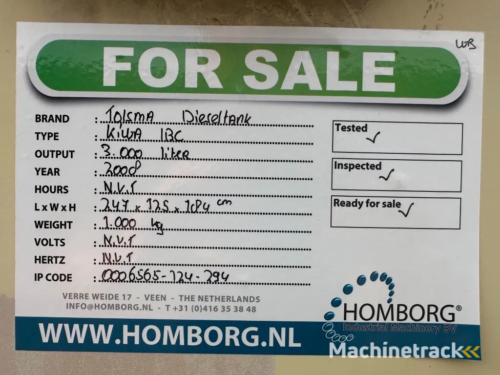 Tolsma Kiwa IBC 3000 liter Dieseltank Milieutank