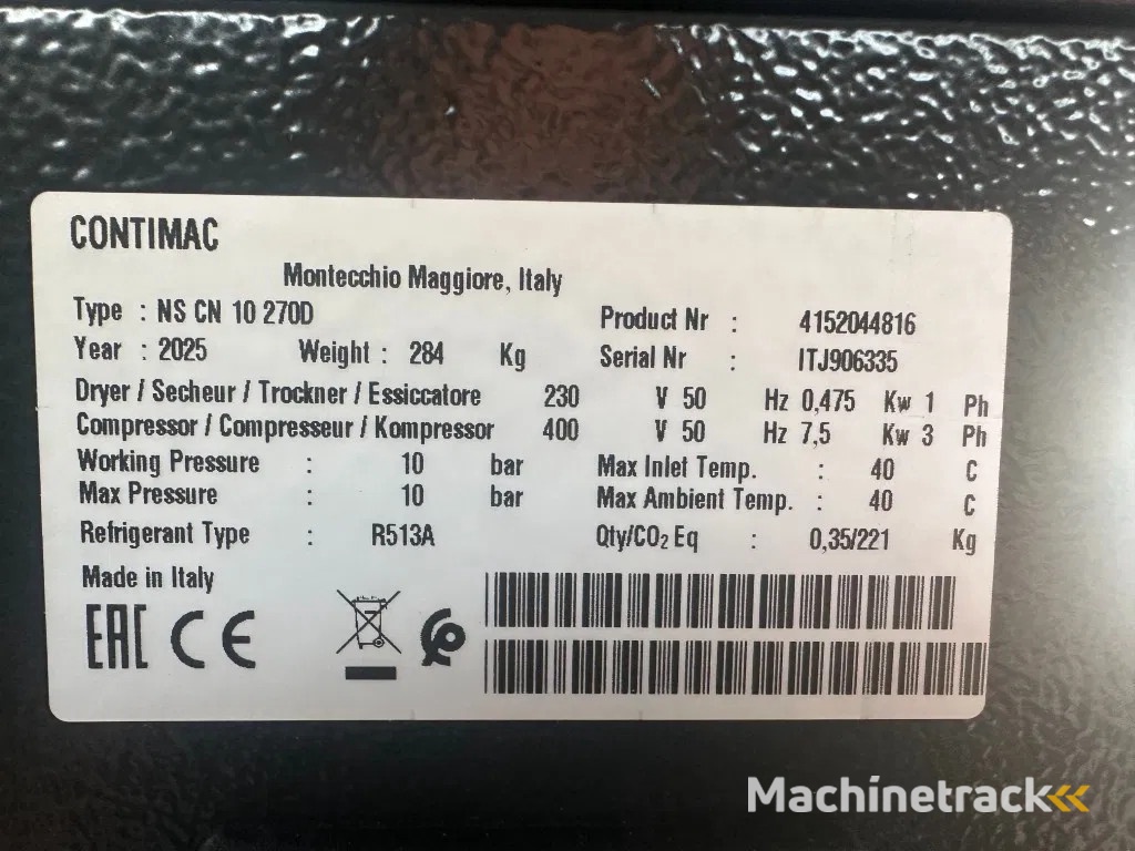 Contimac NS CN 10S 270D 7.5 kW 965 L / min 10 Bar Elektrische Schroefcompressor met Droger en Ketel