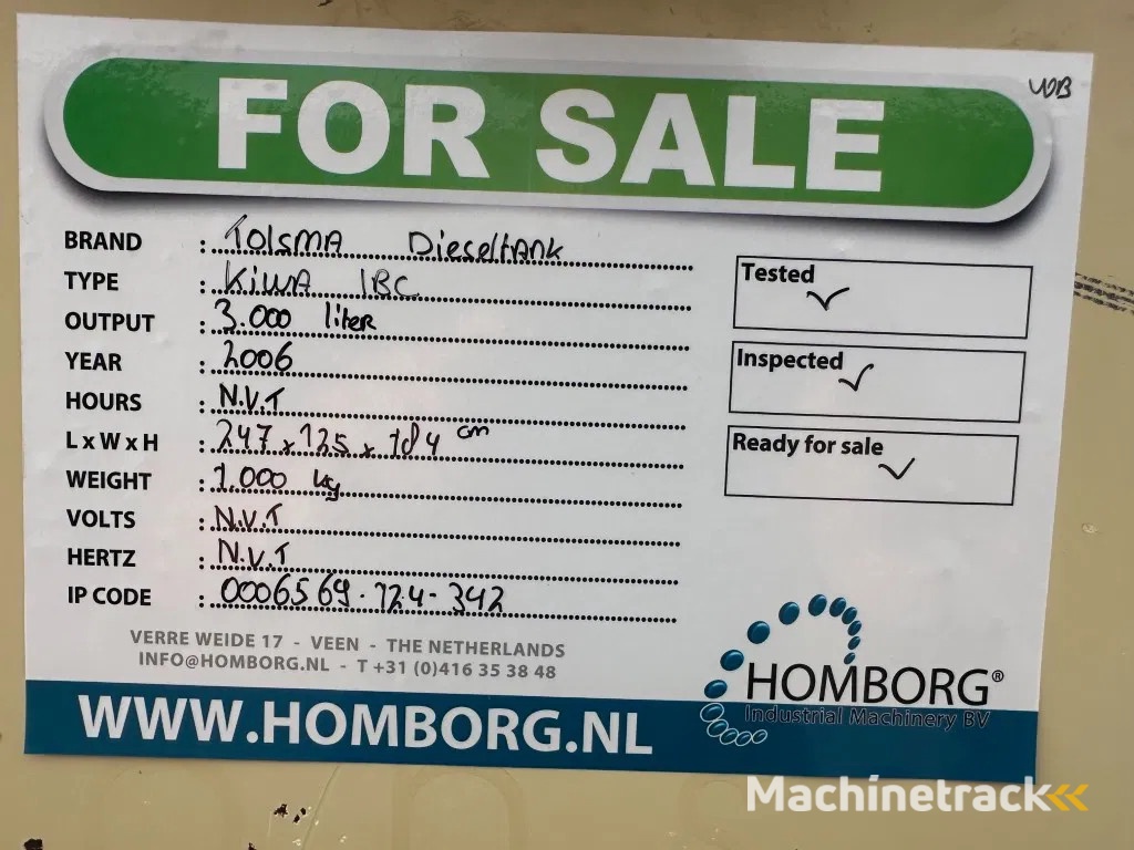 Tolsma Kiwa IBC 3000 liter Dieseltank Milieutank