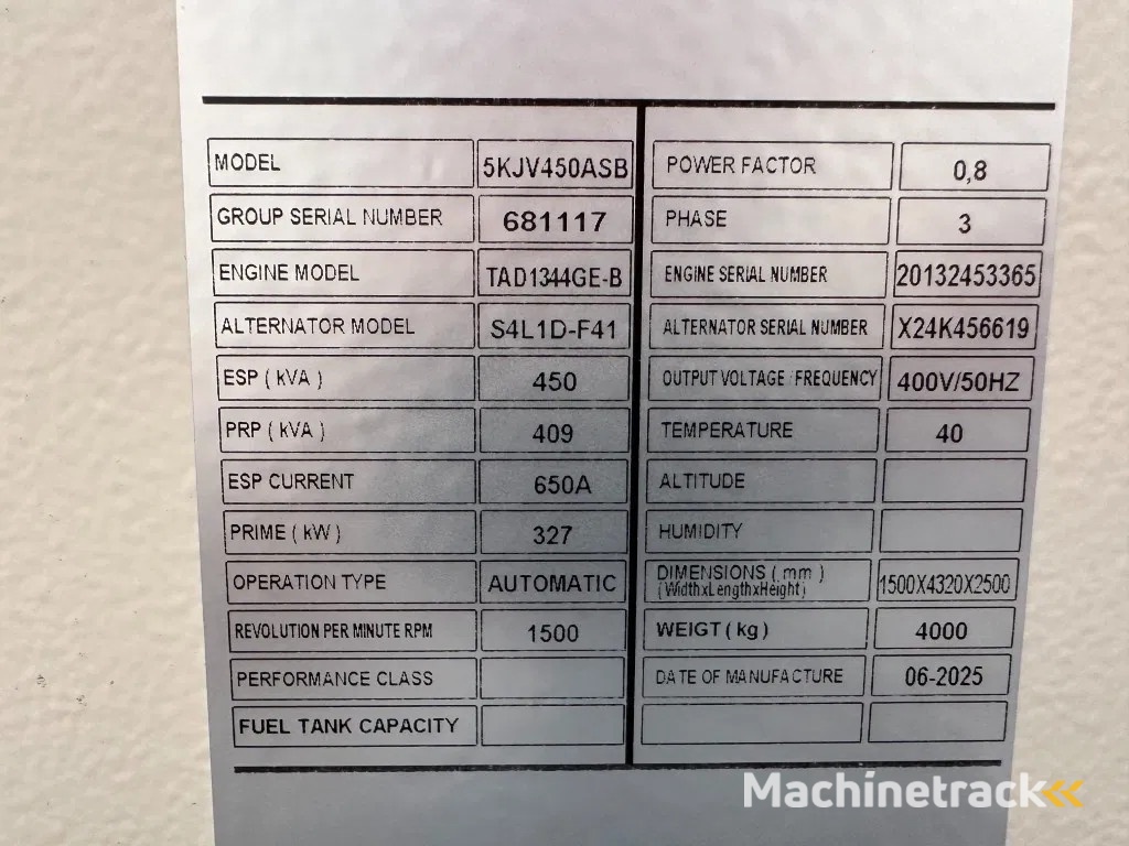 Volvo TAD 1344 GE Stamford 450 kVA Supersilent generatorset New !