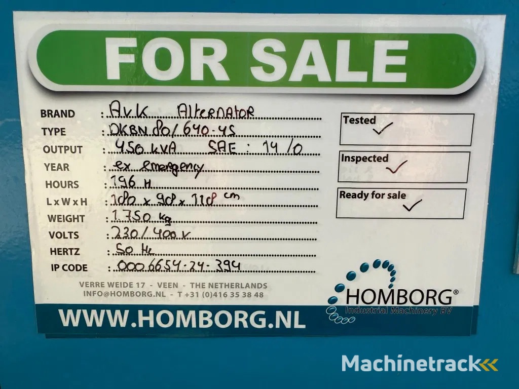 AVK 450 kVA generatordeel Alternator as New ! 196 hours