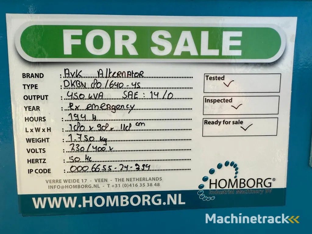 AVK 450 kVA generatordeel Alternator as New ! 194 hours