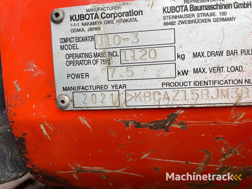 Kubota graafmachine U10-3 minigraver 3 cill kubota 2021 met 1030 uur CW00