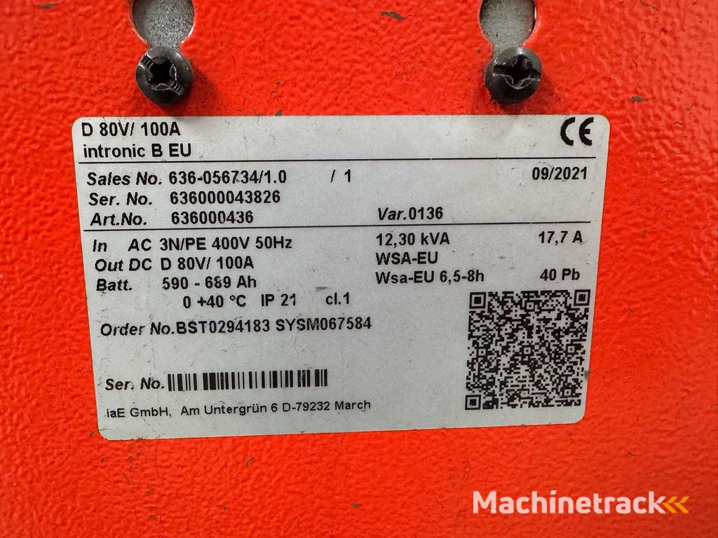 2021 Linde Intronic B 80V 100A 590-689Ah Gabelstapler Elektrostapler Ladegerät charger