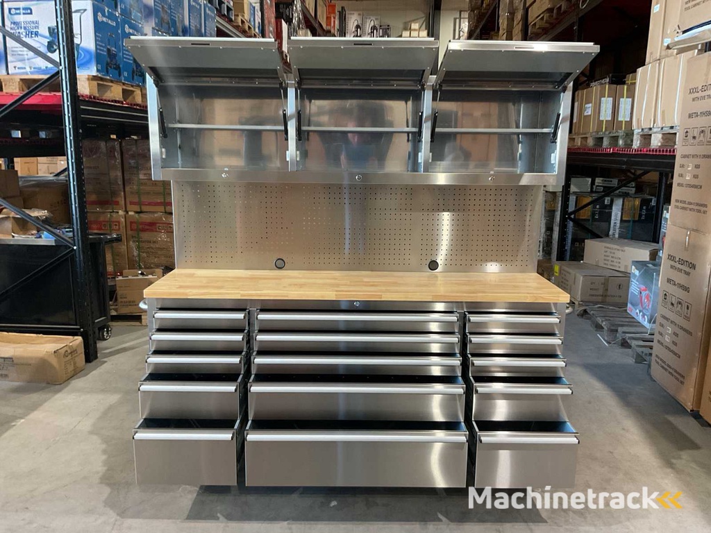 2025 Stahlworks Deluxe Edelstahl 72 Zoll hoch 15 Schubladen Werkbank