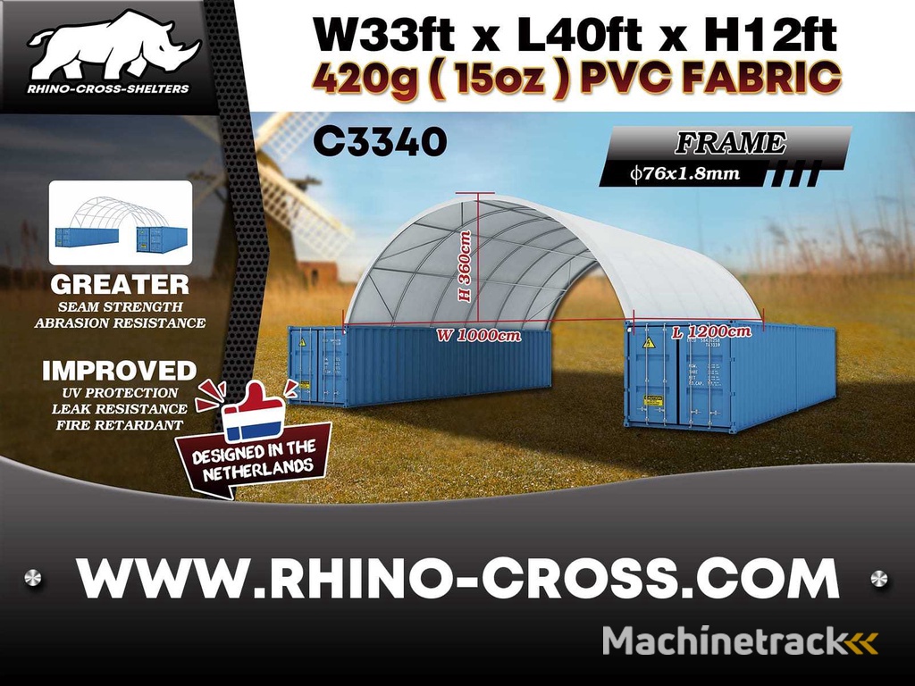 2025 Rhino-Cross-Shelter C3340 - 12x10x3,6 m Opslagtent / Opslagshelter tussen 2 containers