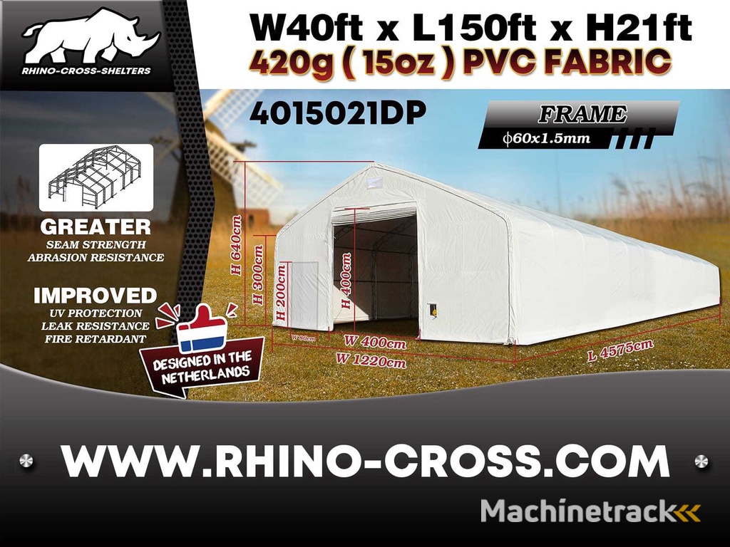 2025 Rhino-Cross-Shelter 4015021DP 45,75x12,2x6,4 m Opslagtent / Opslagshelter