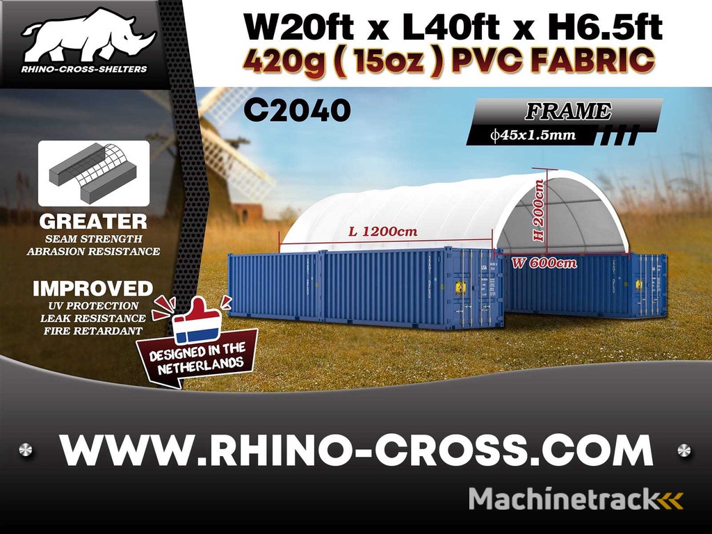 2025 Rhino-Cross-Shelter C2040 - 12x6x2 m Opslagtent / Opslagshelter tussen 2 containers