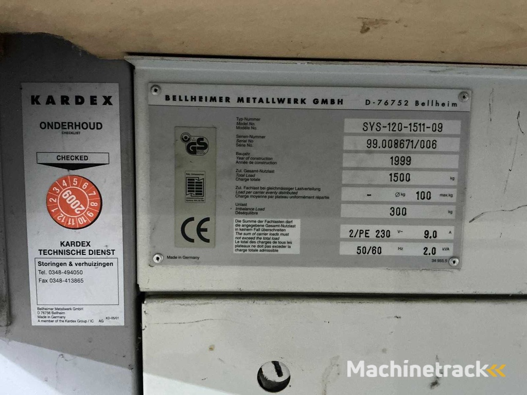 Kardex - Megamet 115, SYS-120-1511-09 - Paternoster Storage System - 1999