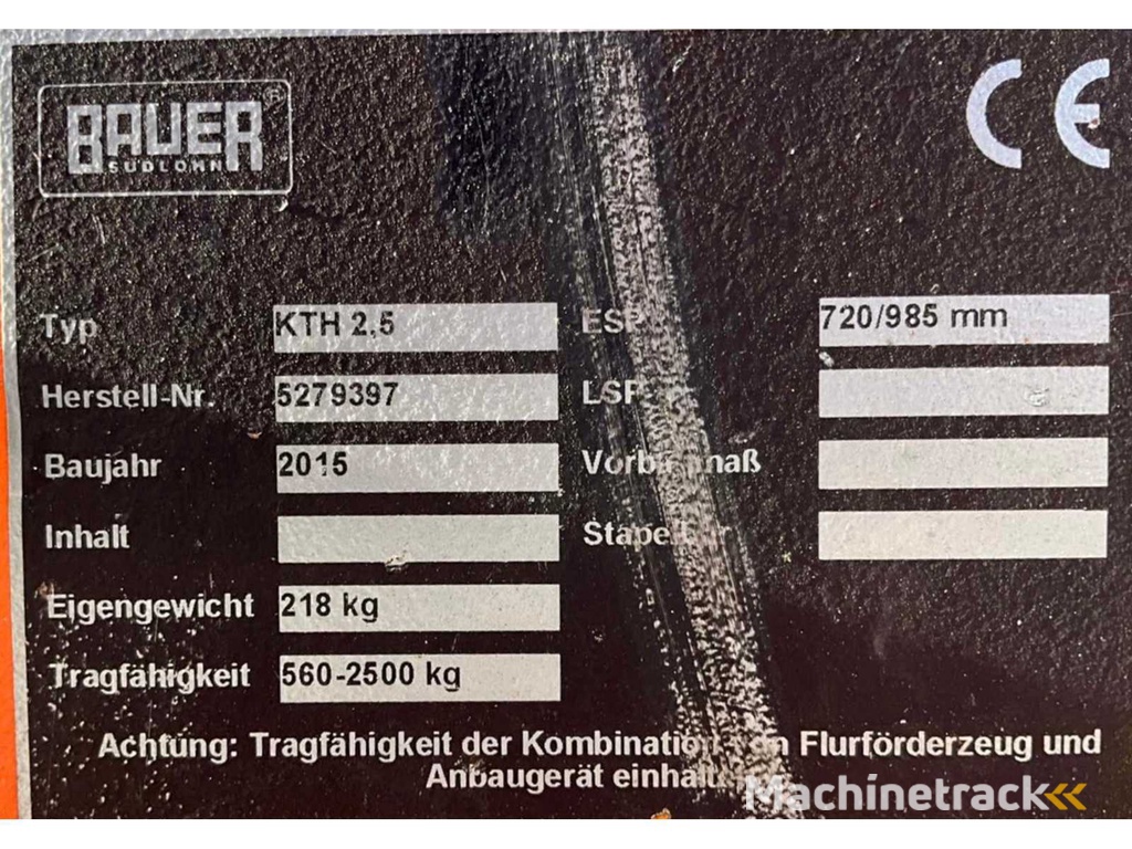 2015 Bauer KTH 2,5 Heftruck hijsjib / hijsarm