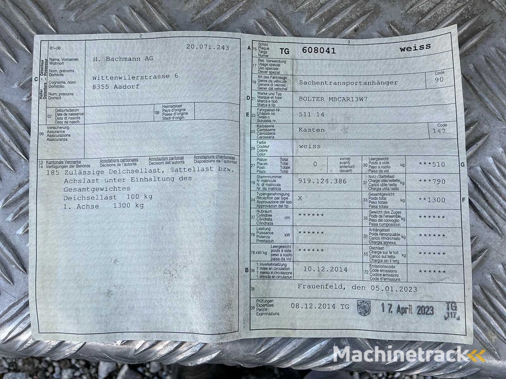 2014 Bolter 13W7 MBCAR Sachentransportanhänger mit Inhalt
