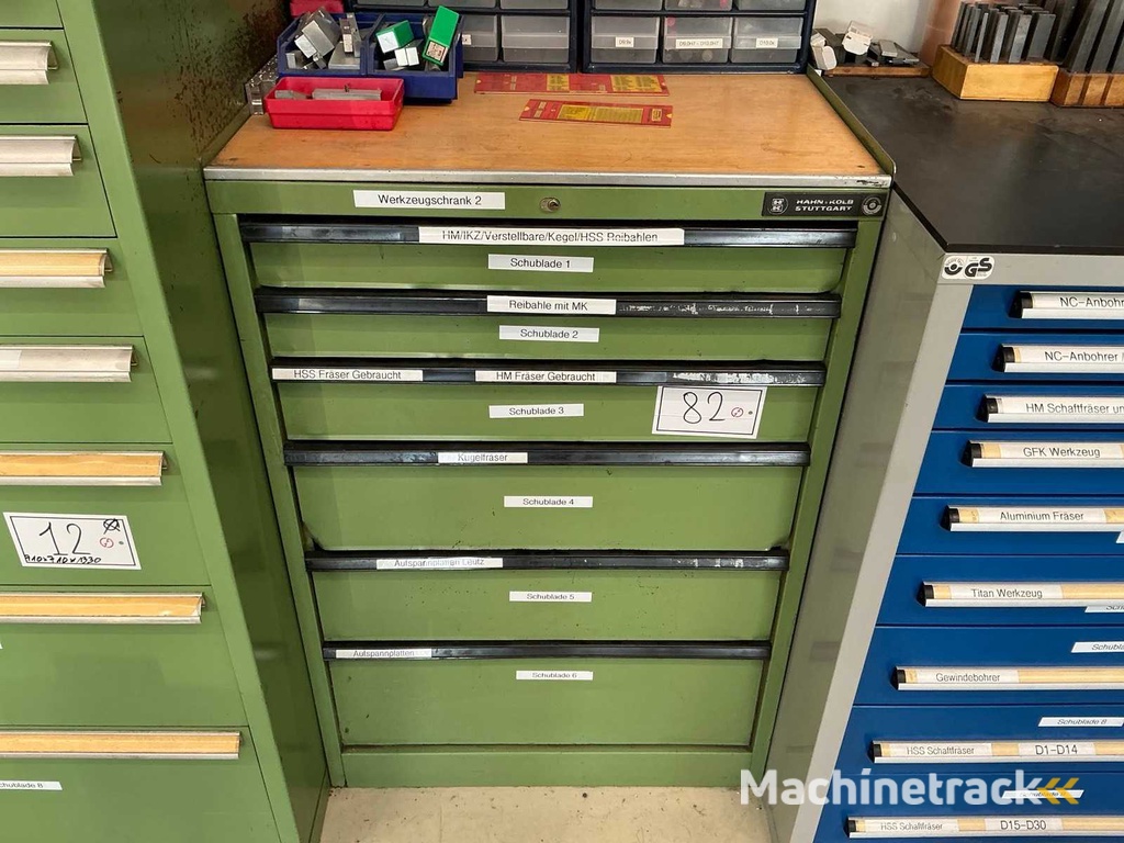 Large batch of machine tools and accessories with workshop cabinet