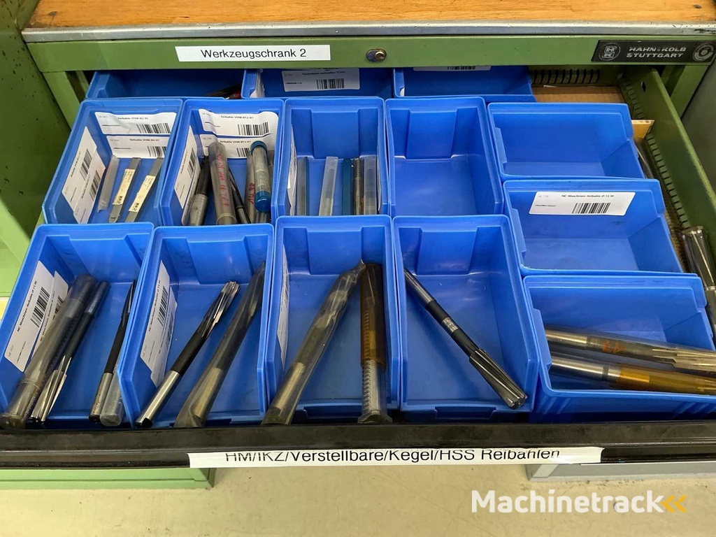 Large batch of machine tools and accessories with workshop cabinet