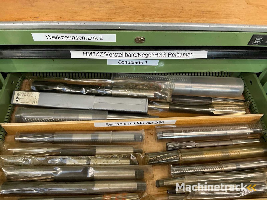 Large batch of machine tools and accessories with workshop cabinet