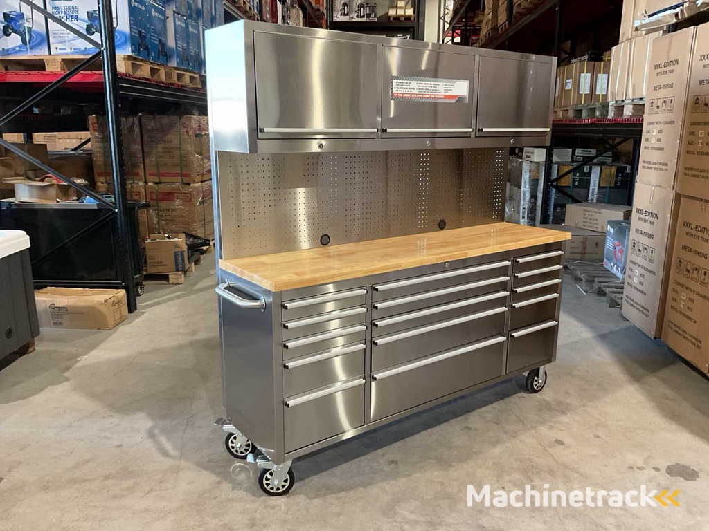 2025 Stahlworks Deluxe Edelstahl 72 Zoll hoch 15 Schubladen Werkbank