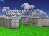 Minituur van Greenland - overkapping tussen 2 containers - / container tent met achterwand 40ft